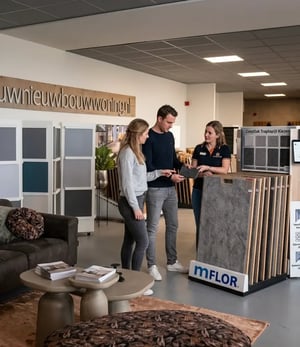 Klanten krijgen advies in de showroom van Uwnieuwbouwwoning.nl over tapijt voor op de trap.
