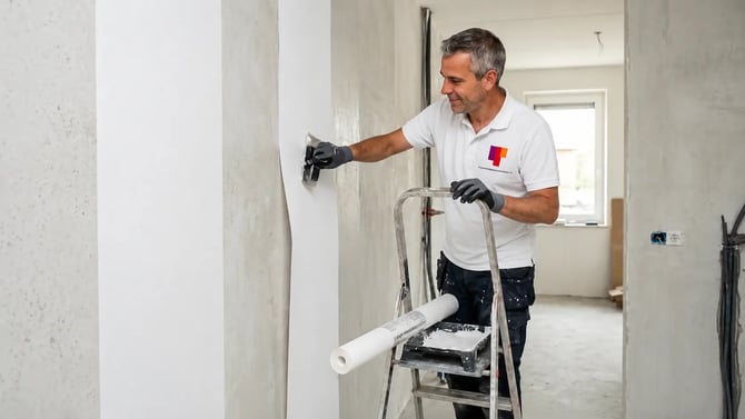Behangklaar stucwerk aanbrengen op een wand in een nieuwbouwwoning voor een egale ondergrond die geschikt is voor behang.