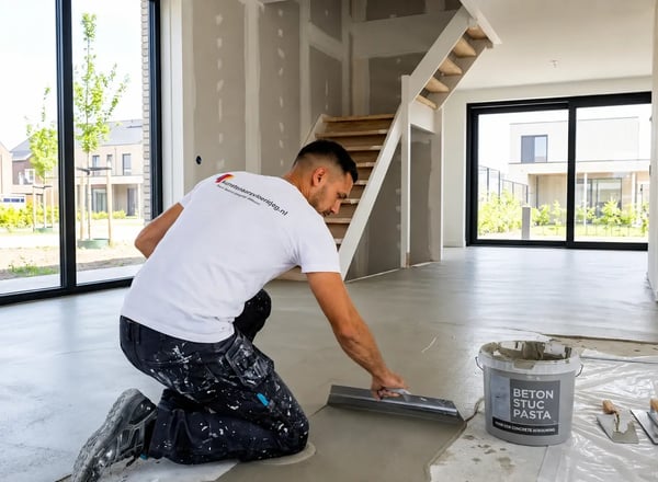 Betonstuc vloer aanbrengen in een nieuwbouwwoning, waarbij een vakman de vloer strak afwerkt voor een moderne en naadloze uitstraling.