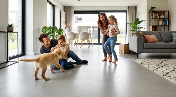 Betonstuc vloer in een lichte woonkamer waar een gezin met hond speelt, met een strak en onderhoudsvriendelijk oppervlak voor modern wonen.