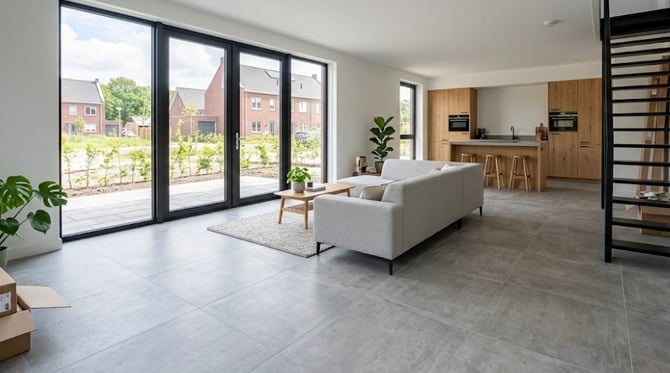 Betonstuc vloer in een nieuwbouwhuis.