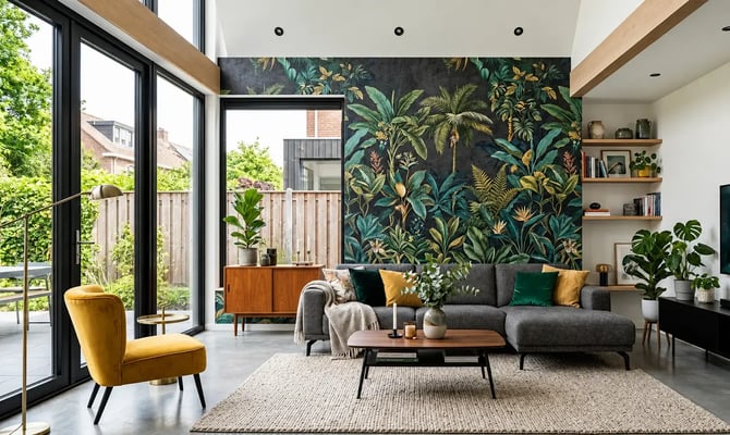 Botanische accentmuur met Eijffinger behang in moderne nieuwbouw woonkamer.