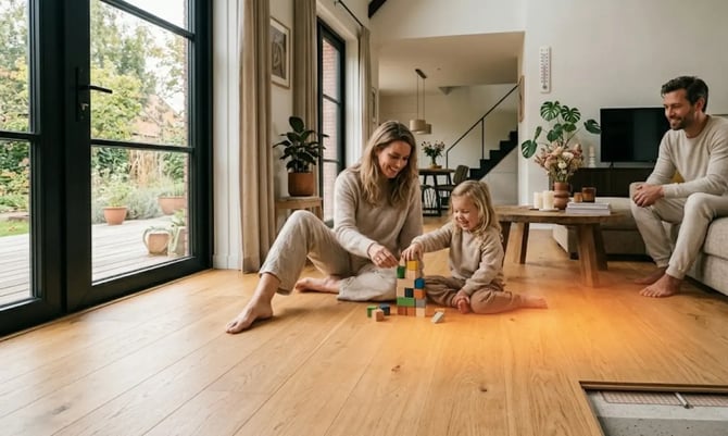 Gezin geniet van een warme eiken houten vloer met vloerverwarming in de woonkamer van een nieuwbouwwoning.