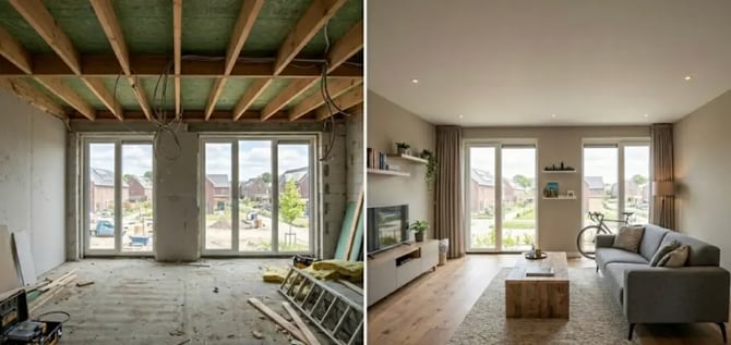 Before en after van een nieuwbouw appartement met een gesaust plafond.