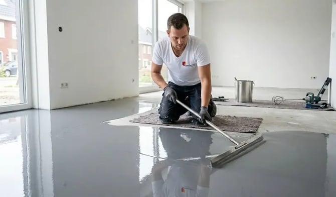 Vakman van Uwnieuwbouwwoning.nl legt een gietvloer.