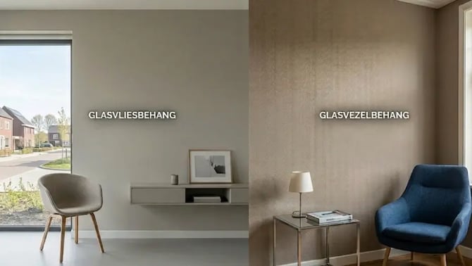Vergelijking van glasvliesbehang en glasvezelbehang in een nieuwbouwwoonkamer.
