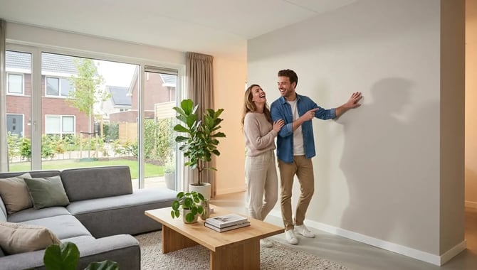 Koppel staat blij bij hun muur die is afgewerkt met glasvliesbehang.