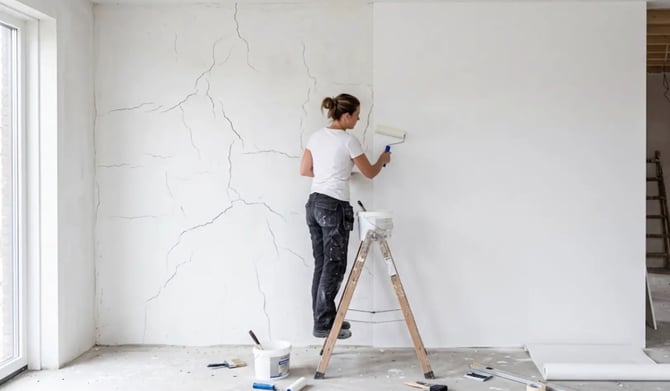 Glasvliesbehang verbergt krimpscheuren.