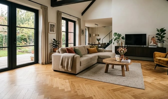 Visgraat Cozy Oak houten vloer in een nieuwbouw woonkamer.