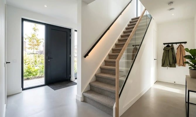 Modern gestoffeerde trap in een nieuwbouwwoning.
