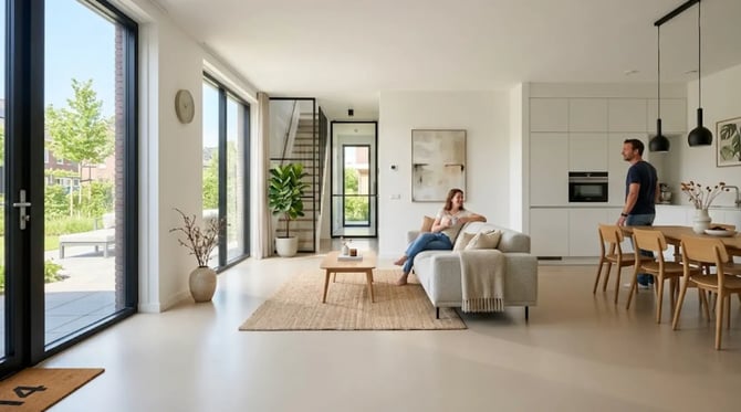 Naadloze zandkleurige gietvloer met optimale warmtebegeleiding van de vloerverwarming.