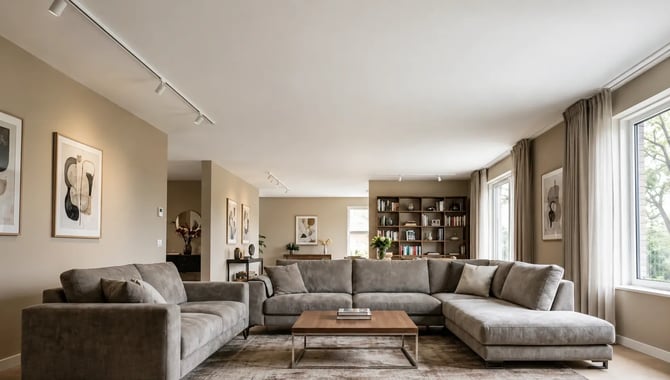 Een nieuwbouw woonkamer met een strak wit gesaust plafond.