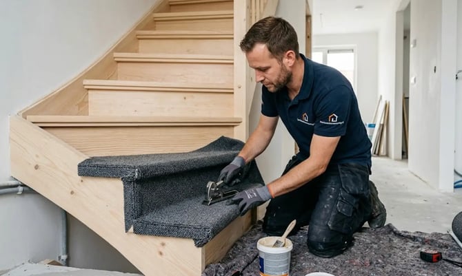 Vakman van Uwnieuwbouwwoning.nl stoffeert een open trap.