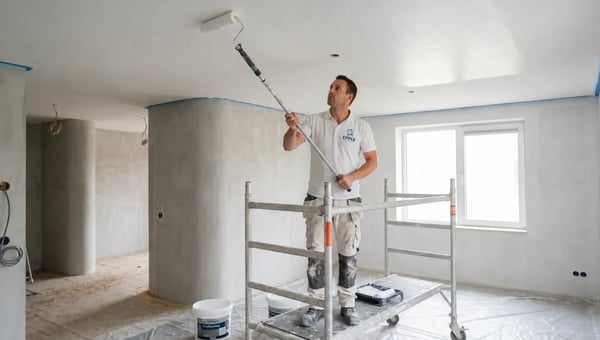Vakman van Uwnieuwbouwwoning.nl saust het plafond strak en wit.