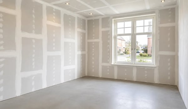 Plafond stucen in een kamer in aanbouw met afgewerkte naden, gladde vloer en grote ramen voor een strak eindresultaat.