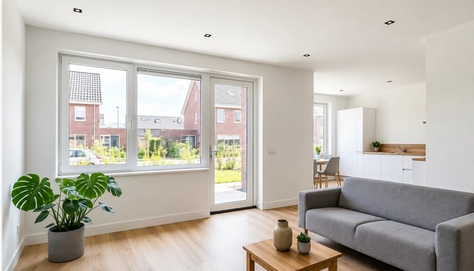 Plafond stucen in een lichte nieuwbouwwoning met strak afgewerkt plafond, moderne woonkamer en grote ramen voor een ruimtelijk interieur.