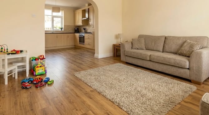 Eiken PVC vloer in de woonkamer van een nieuwbouwhuis.