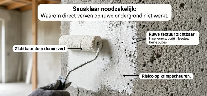 Sausklaar maken van een ruwe ondergrond met verfroller, waarbij zichtbaar is waarom professioneel stucwerk nodig is voor een strak eindresultaat.