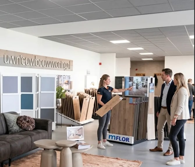 Klanten krijgen advies over houten vloeren in de showroom van Uwnieuwbouwwoning.nl in Deventer.