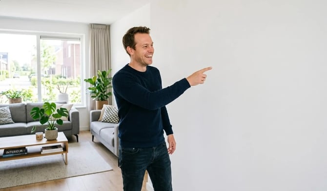 Man in een nieuwbouwwoning wijst vrolijk naar zijn muur die afgewerkt is met vliesbehang.