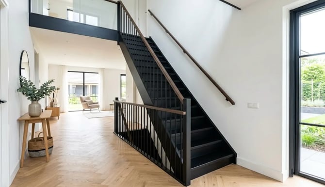 Zwarte trap met lakafwerking in een nieuwbouwwoning.