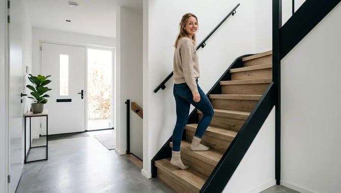 Blije vrouw die loopt op haar trap afgewerkt met PVC.