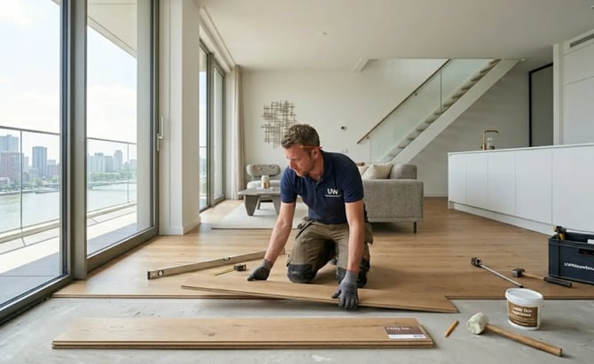 Vakman van Uwnieuwbouwwoning.nl legt een CozyOak houten vloer.