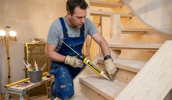 Vakman van Uwnieuwbouwwoning.nl kit een trap.