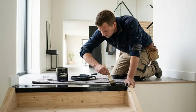 Vakman van Uwnieuwbouwwoning.nl doet traprenovatie met zwarte lak.