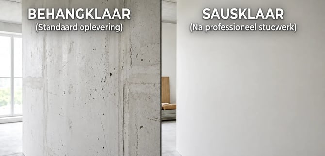 Vergelijking van een behangklare wandafwerking en een sausklare wandafwerking.