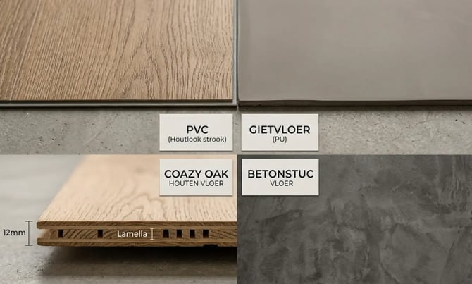 Vergelijking van PVC, gietvloer, CozyOak en betonstuc vloeren.