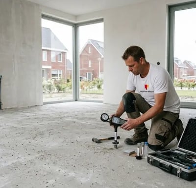 Vakman van uwnieuwbouwwoning.nl doet een vochtmeting voor het leggen van een gietvloer.