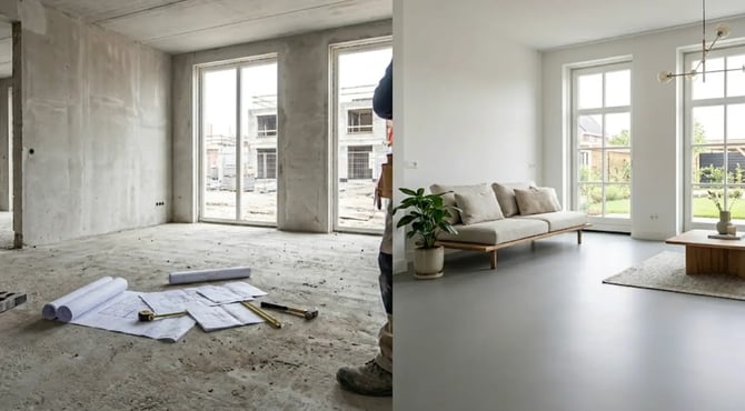 Voor en na van een nieuwbouwwoning met en zonder vloer.