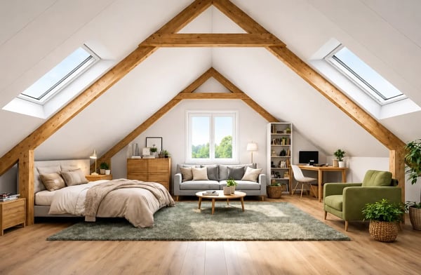 Zolder met afgewerkte zolderplaten in een nieuwbouwwoning.